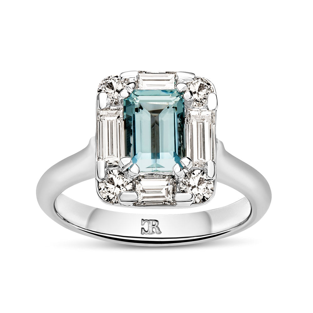 Princess Aquamarine and Diamond Ring in 14k white gold with filigree and  milgrain detail (GR-1132)